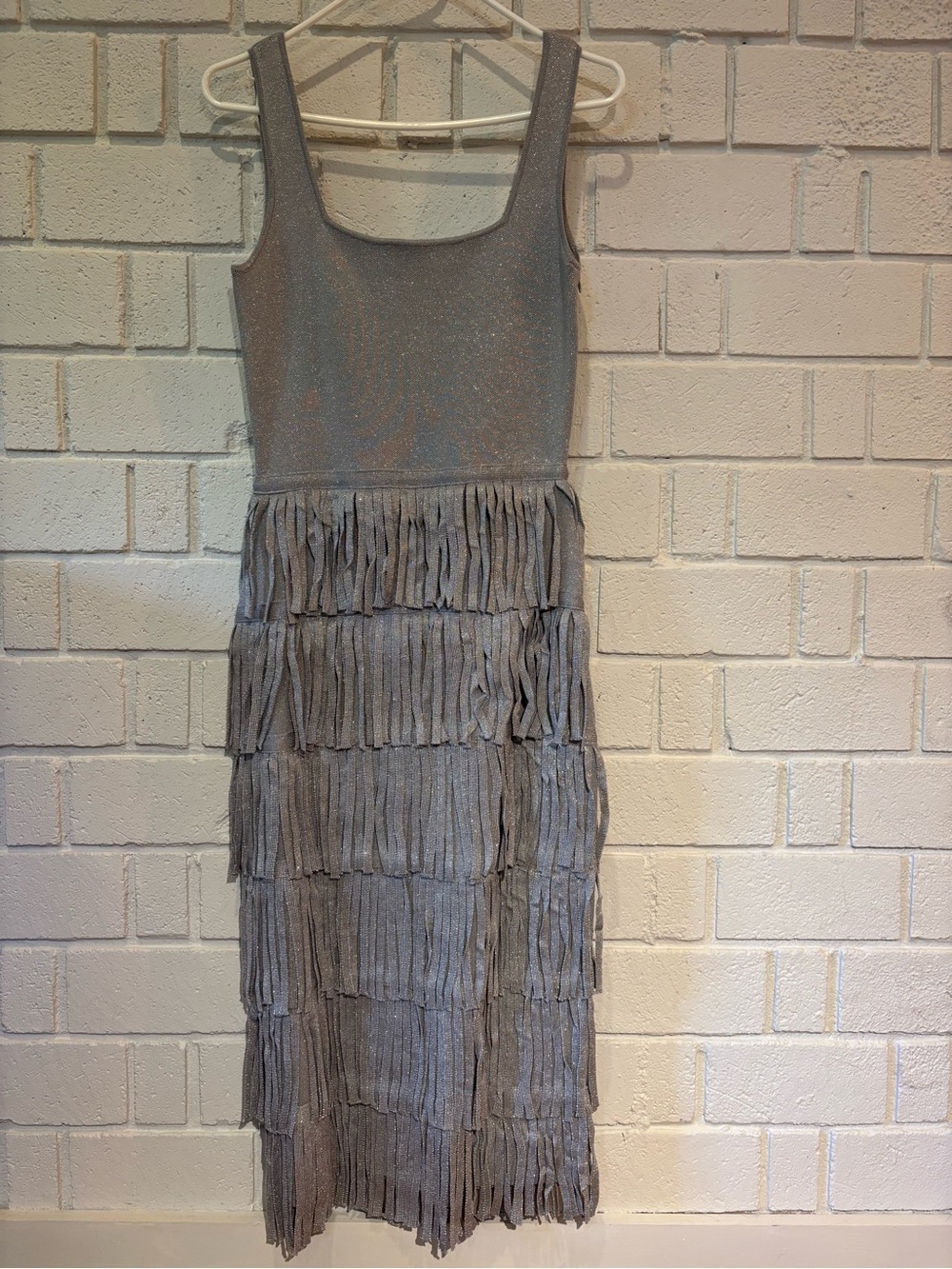 Free People Silver Fringe Midi Dress with Scoop Neck